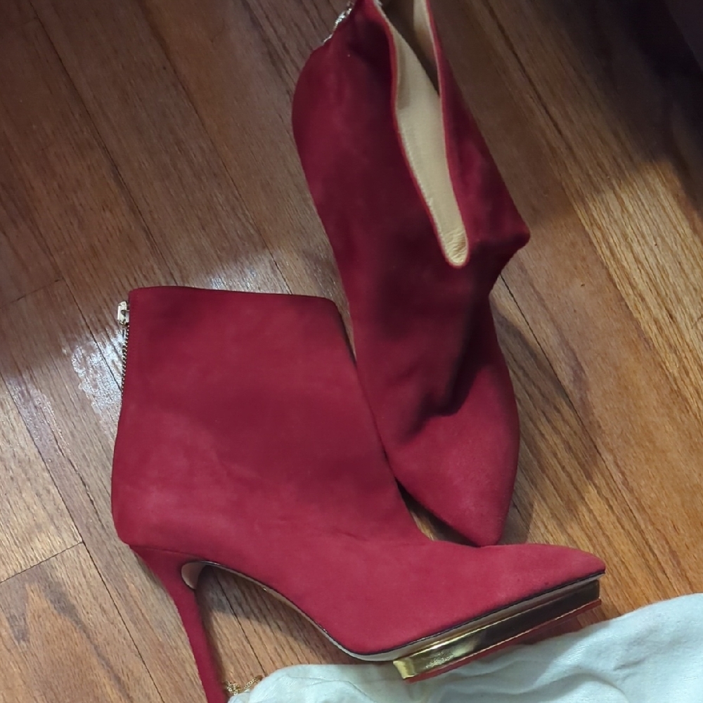 Charlotte Olympia Red Suede Ankle Boots with Gold Accents